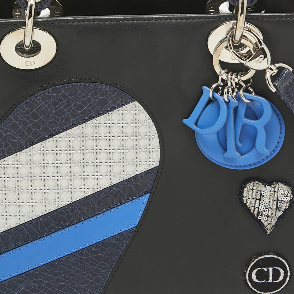 Dior Black/blue Crackled Patent And Leather Medium Patch Embellished  Lady Dior Tote
