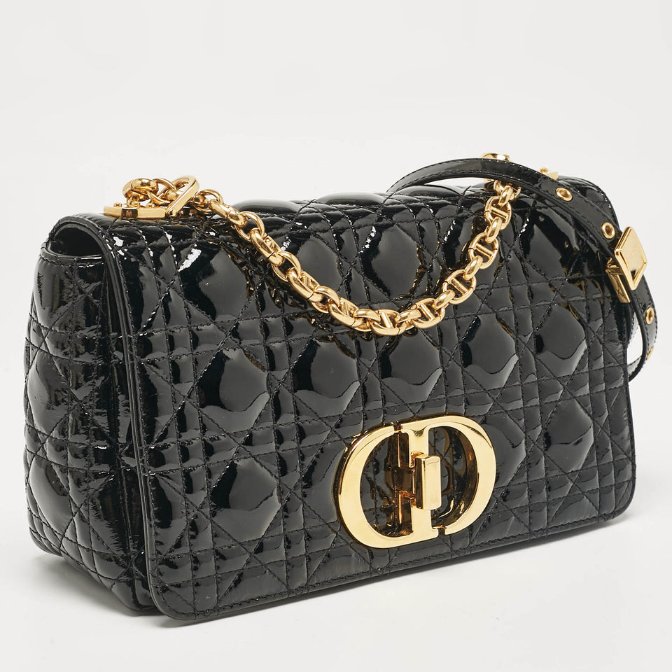 Dior Black Cannage Patent Leather Medium Caro Shoulder Bag