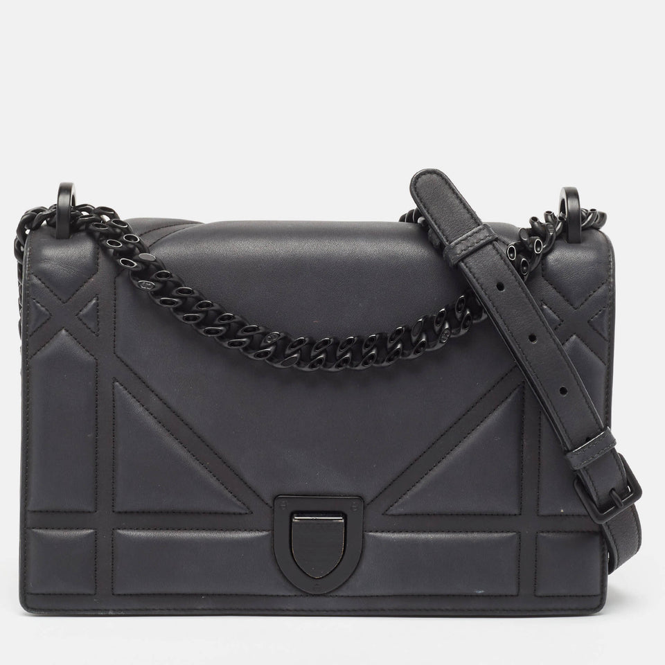 Black Matte Leather Medium Diorama Flap Shoulder Bag
