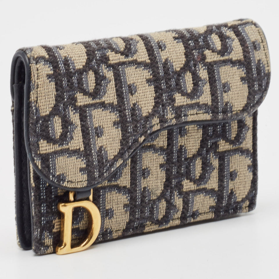 Dior Navy Blue Oblique Canvas And Leather Saddle Wallet