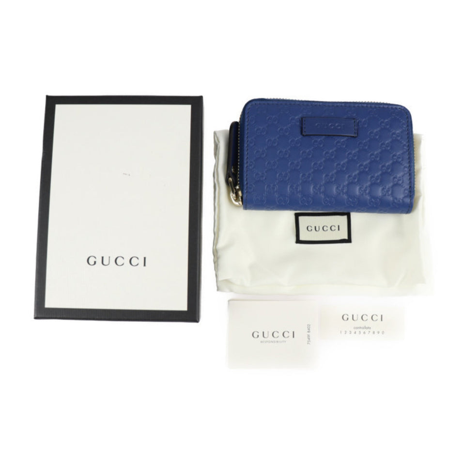 GUCCI Micro Shima Coin Case 544249 Leather Blue Gold Hardware Round Zipper Purse