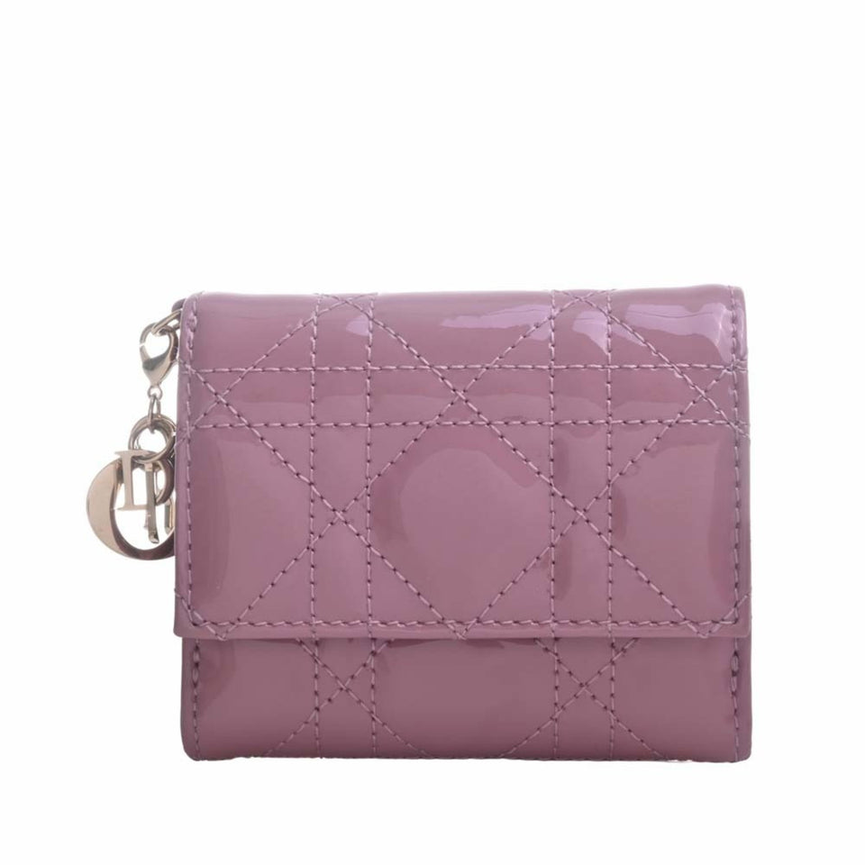 CHRISTIAN DIOR Lady Cannage Patent Lotus Trifold Wallet Pink Ladies