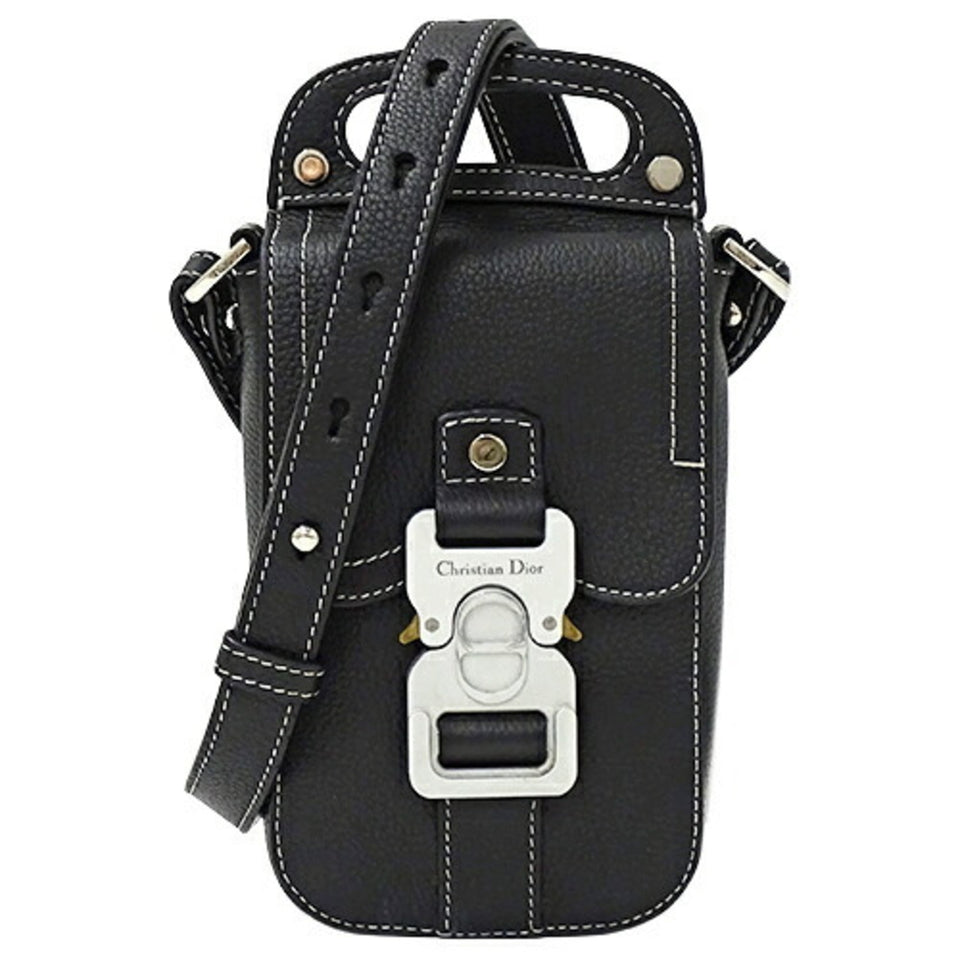 CHRISTIAN DIOR Bag Men's Shoulder Pouch Leather Saddle Vertical Black Micro