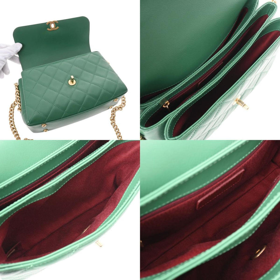 CHANEL matelasse chain shoulder green ladies lambskin bag
