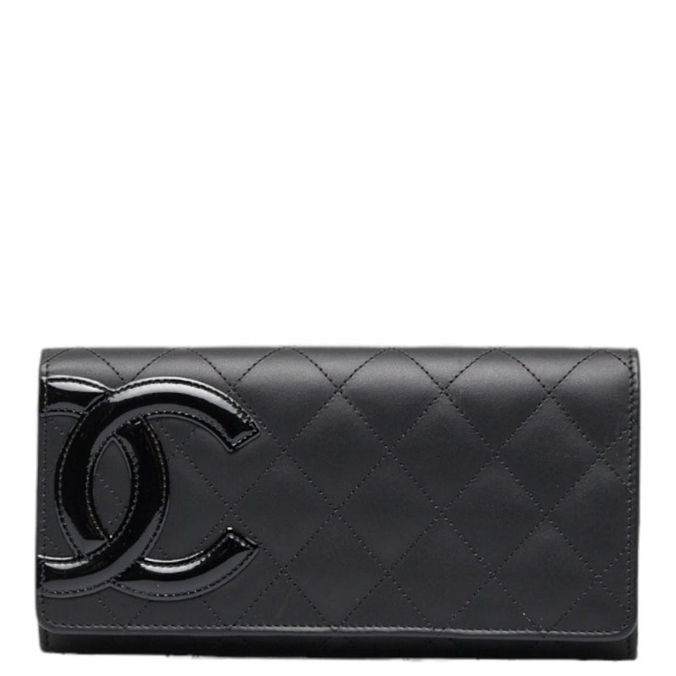 CHANEL Cambon Line Coco Mark Long Wallet Black Pink Lambskin Ladies