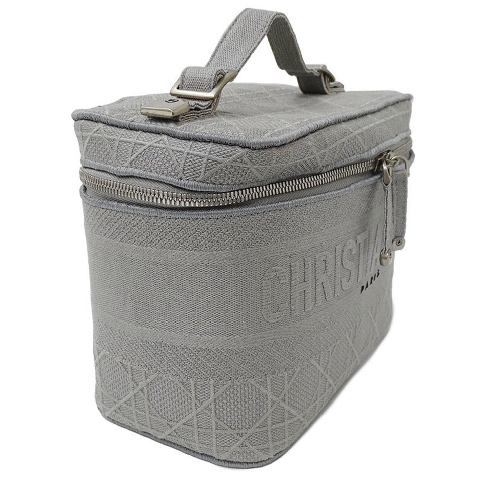 CHRISTIAN DIOR Bag Women's Canvas Vanity Handbag Gray Canage Embroidered Makeup Storage
