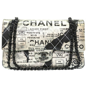 Chanel Matrasse Print Double Flap 2 Leather Silver Black Chain Shoulder Bag Coco Mark CC Lid