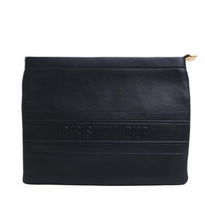 CHRISTIAN DIOR Leather Striped Pouch Clutch Bag Second Black Ladies