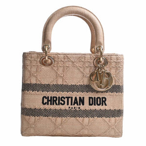 CHRISTIAN DIOR LADY D-LITE Cannage Raffia Medium Bag Handbag Natural Ladies