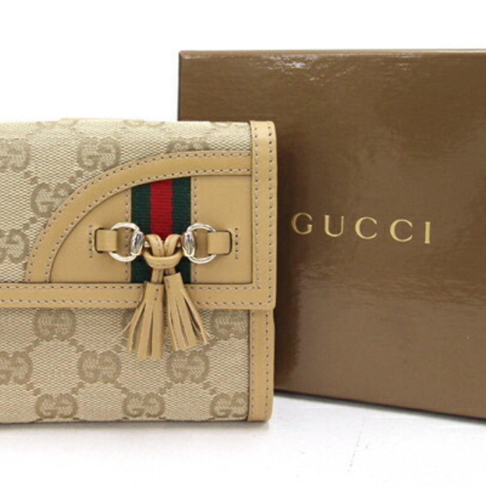 GUCCI W Wallet GG 233053 Beige Canvas Leather Ladies Sherry Line