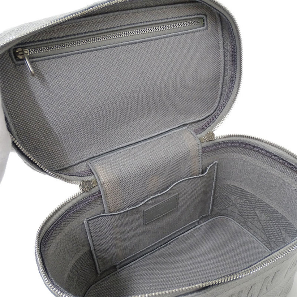 CHRISTIAN DIOR Bag Women's Canvas Vanity Handbag Gray Canage Embroidered Makeup Storage