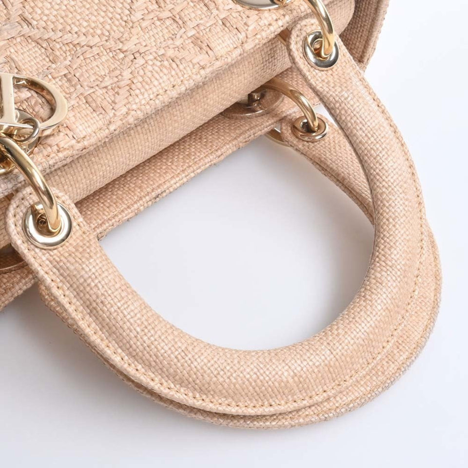 CHRISTIAN DIOR LADY D-LITE Cannage Raffia Medium Bag Handbag Natural Ladies