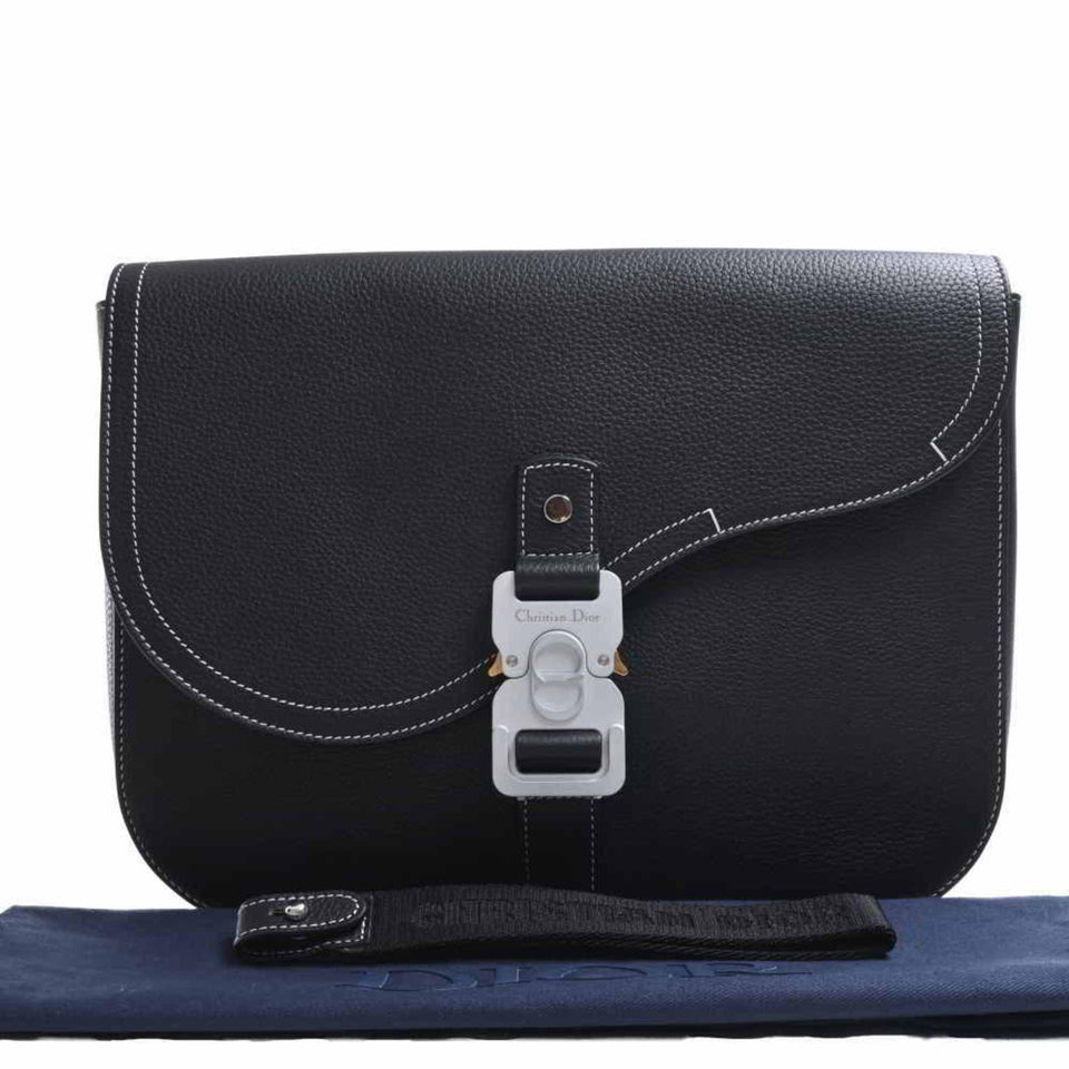 CHRISTIAN DIOR Leather Saddle A5 Pouch Clutch Bag Black Ladies