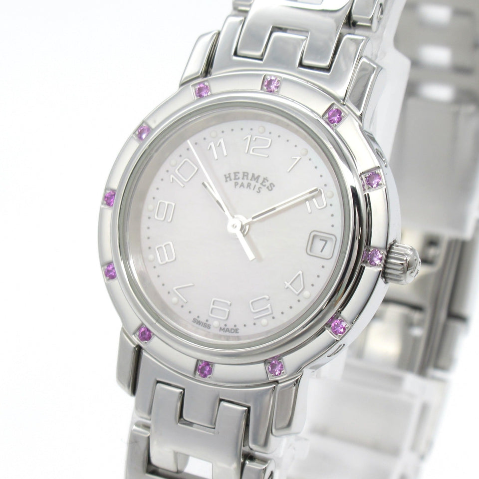 HERMES Clipper Nacre 12P Pink Sapphire Wrist Watch Wrist Watch CL4.231 Quartz Pink Pink shell Stainless Steel Pink s