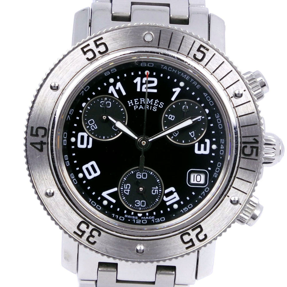 HERMES Diver's Watch Clipper CL2.310 Stainless Steel Silver Quartz Chronograph Ladies Black Dial