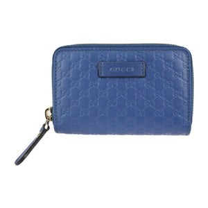 GUCCI Micro Shima Coin Case 544249 Leather Blue Gold Hardware Round Zipper Purse