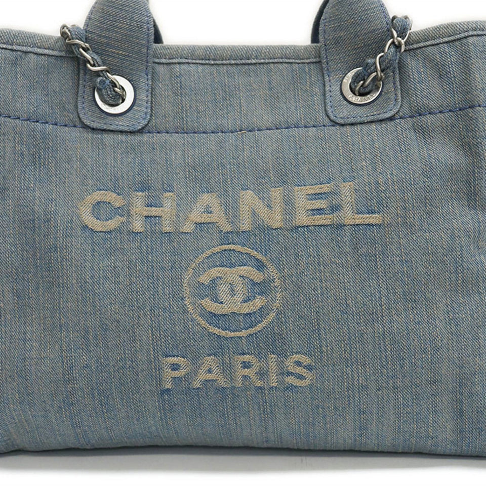 CHANEL Denim Shopping Bag Tote Light Blue Deauville Women's