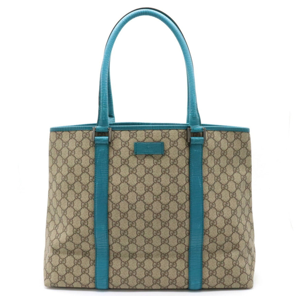 GUCCI GG Supreme Plus Tote Bag Large Shoulder PVC Leather Beige Turquoise Blue 114288