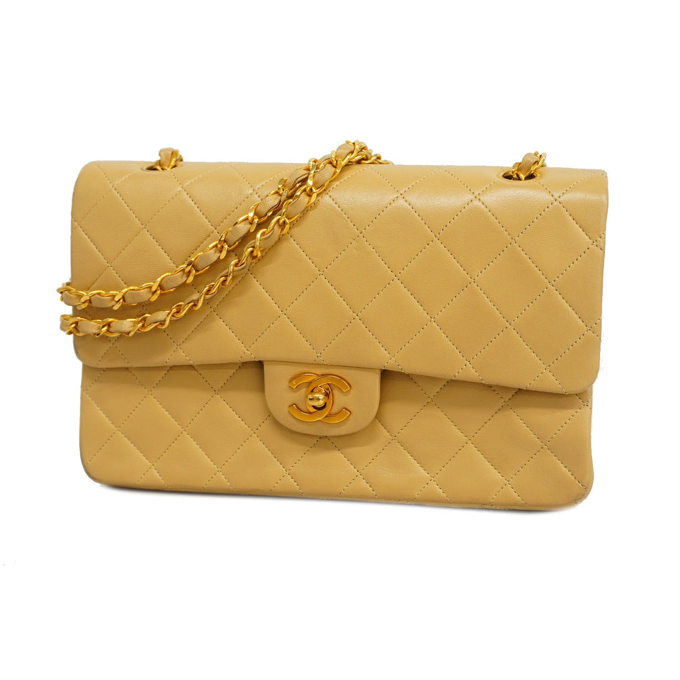 CHANELAuth  Matelasse W Flap W Chain Women's Leather Shoulder Bag Beige