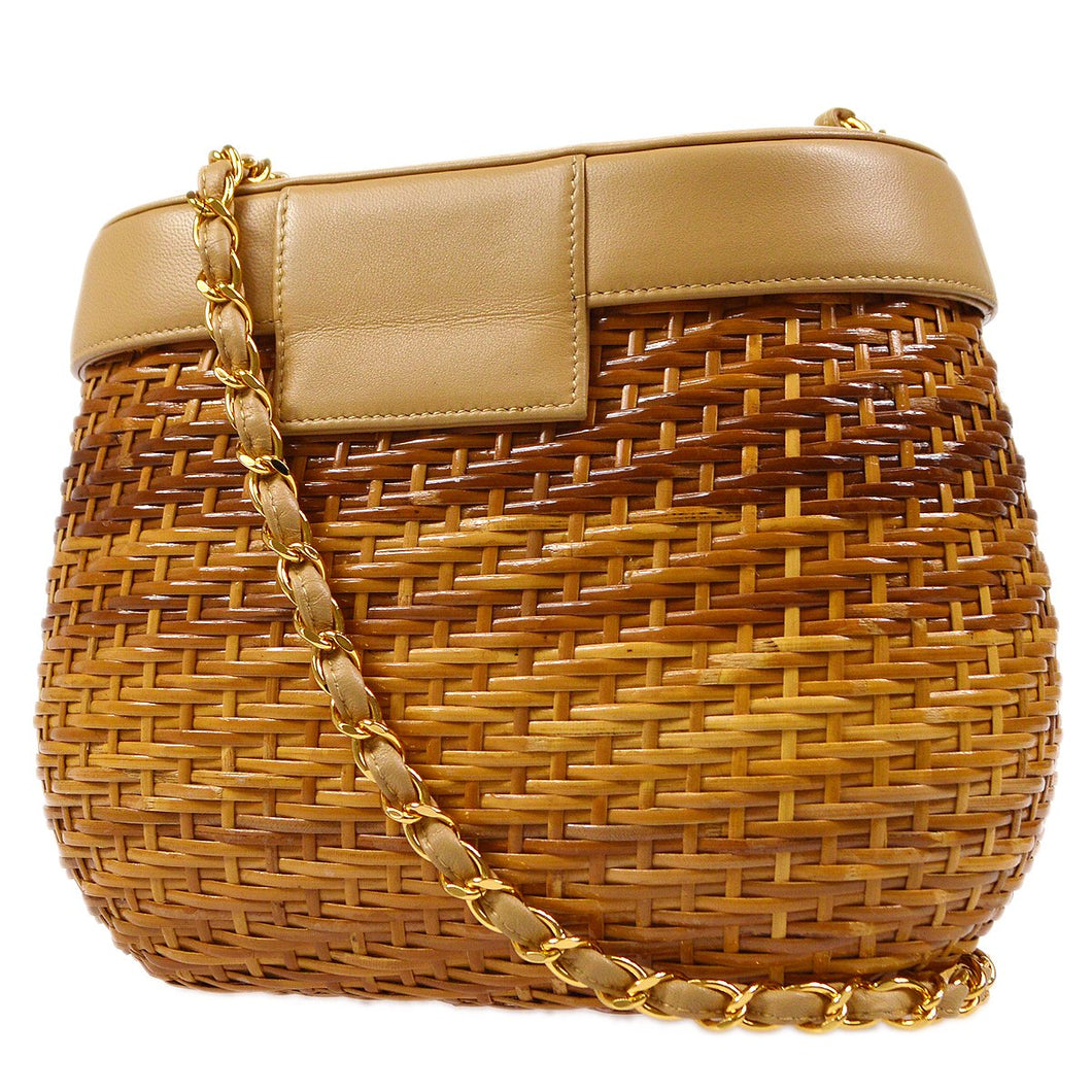 CHANEL 1997-1999 Basket Chain Shoulder Bag Beige Rattan