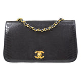 CHANEL * 1989-1991 Turnlock Full Flap Small Black Lizard