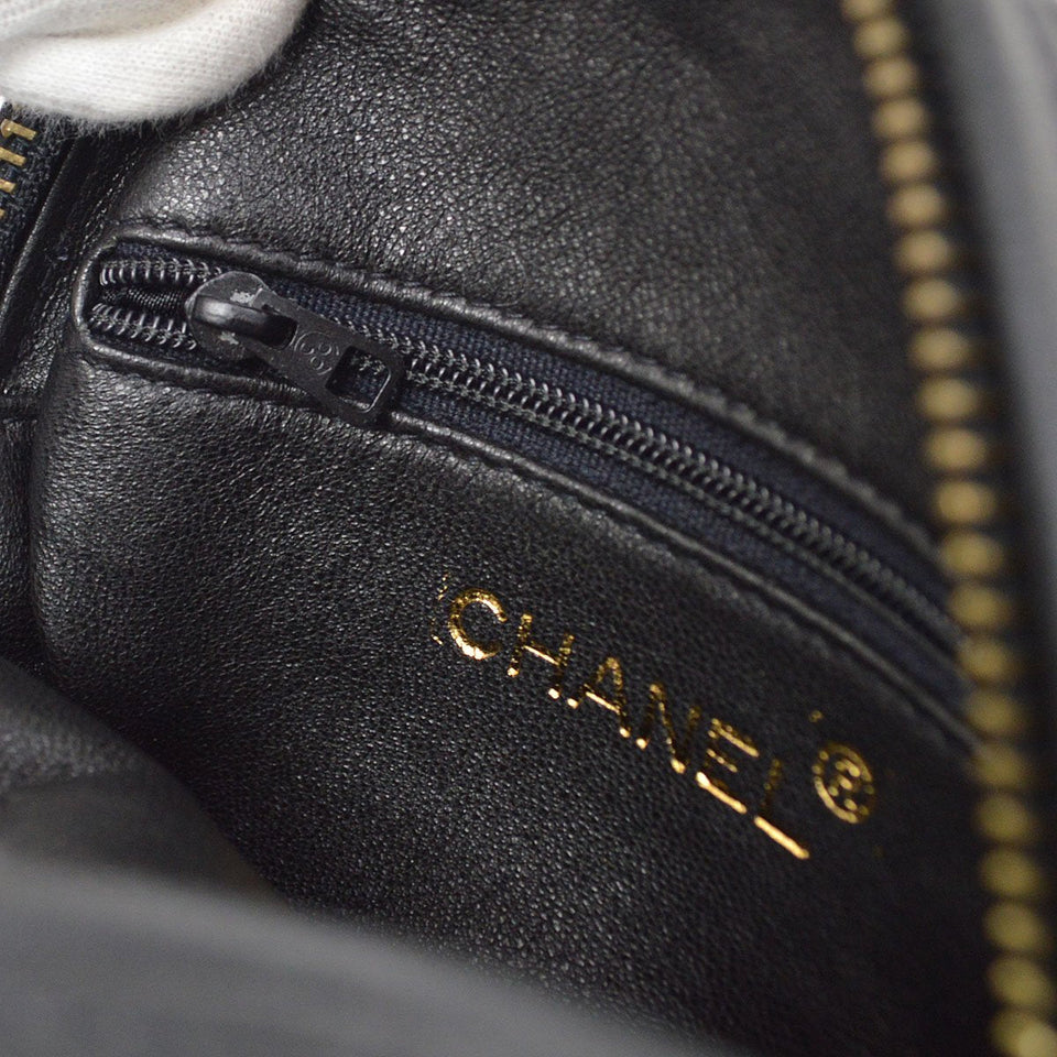 CHANEL 1989-1991 Round Shoulder Bag Black Satin