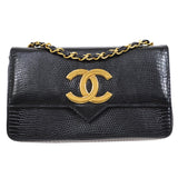CHANEL 1986-1988 Black Lizard Pointed Flap