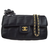 CHANEL 2009-2010 Camellia Choco Bar Single Chain Shoulder Bag Black Satin