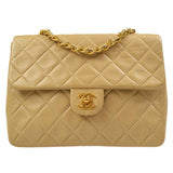 CHANEL 1989-1991 Single Chain Shoulder Bag Beige Lambskin