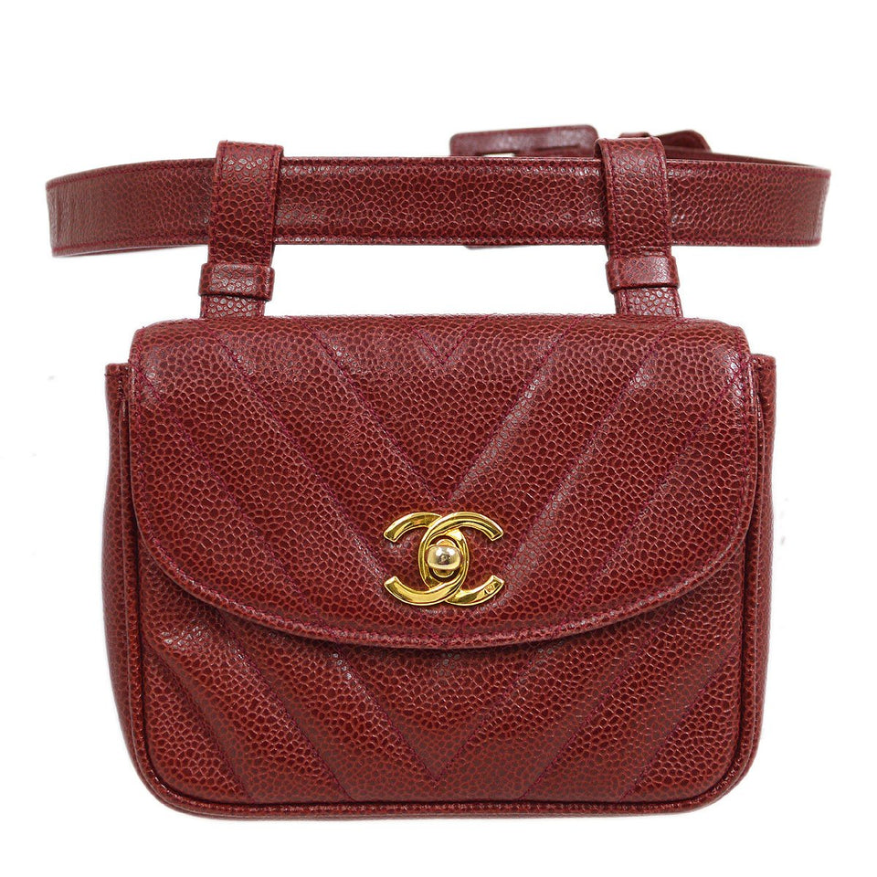 CHANEL 2001-2003 Bordeaux Caviar Chevron Belt Bag #70