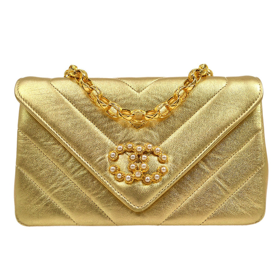 CHANEL 1991-1994 Gold Lambskin Chevron Faux Pearl CC Flap Bag
