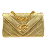 CHANEL 1991-1994 Gold Lambskin Chevron Faux Pearl CC Flap Bag