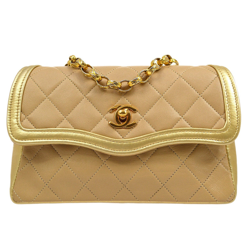 CHANEL 1989-1991 Beige Gold Lambskin Curved Flap Mini