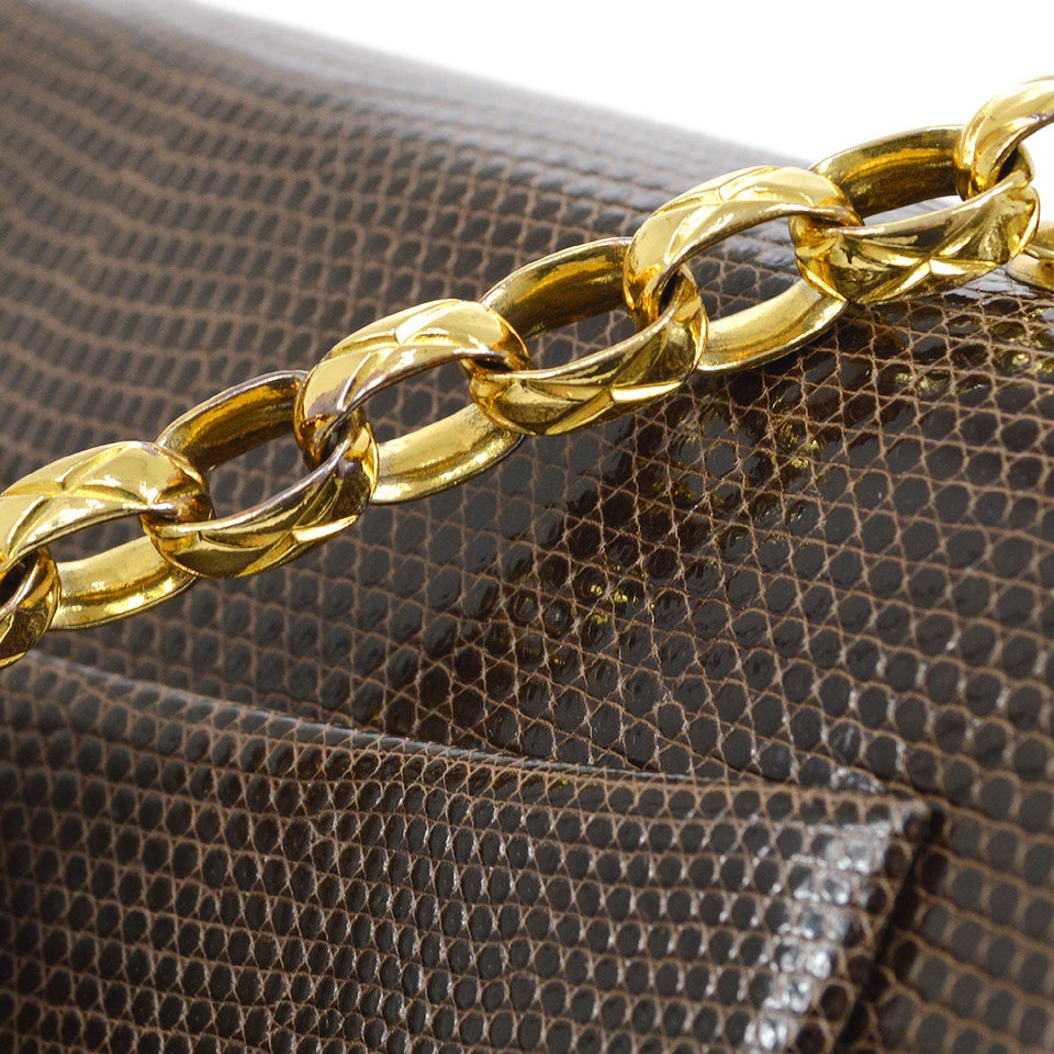 CHANEL 1989-1991 Classic Square Flap 17 Brown Lizard