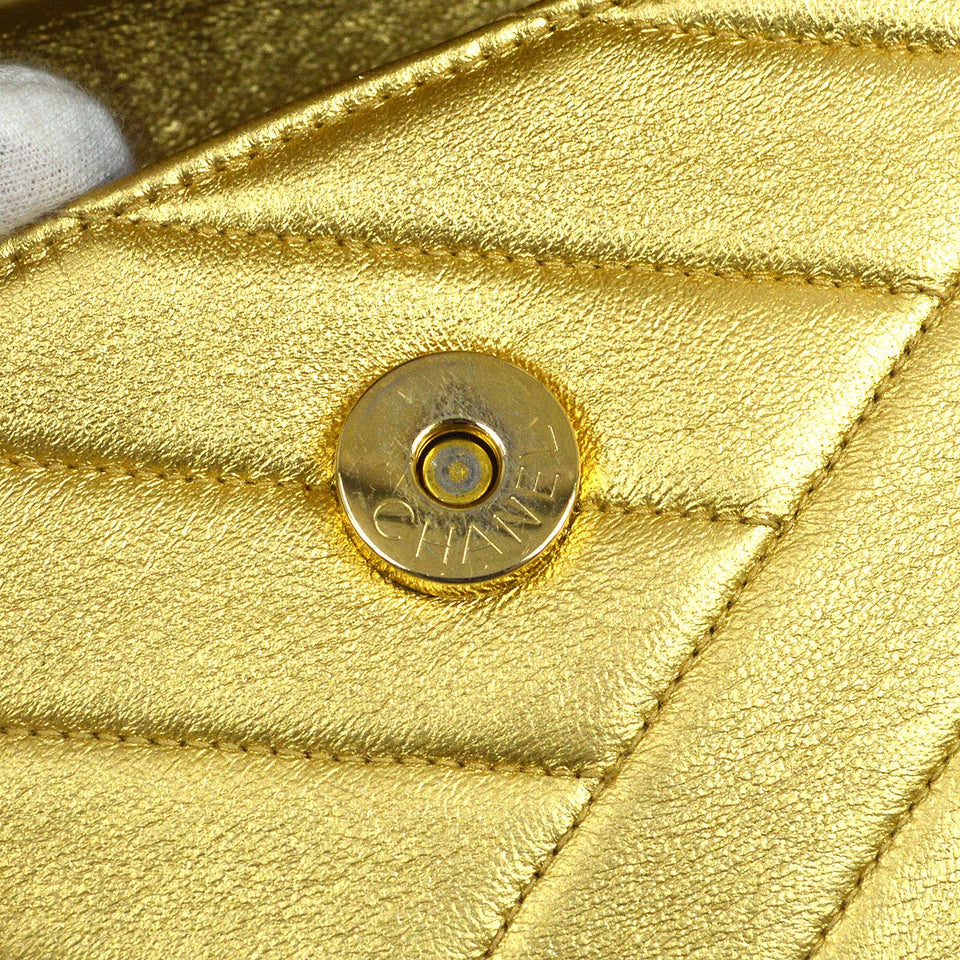 CHANEL 1991-1994 Gold Lambskin Diagonal Rhinestone CC Evening Bag