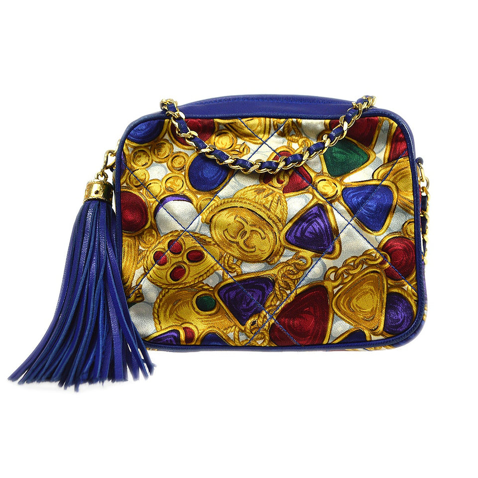CHANEL 1986-1989 Blue Lambskin Satin Quilted Bijoux Printed Camera Bag