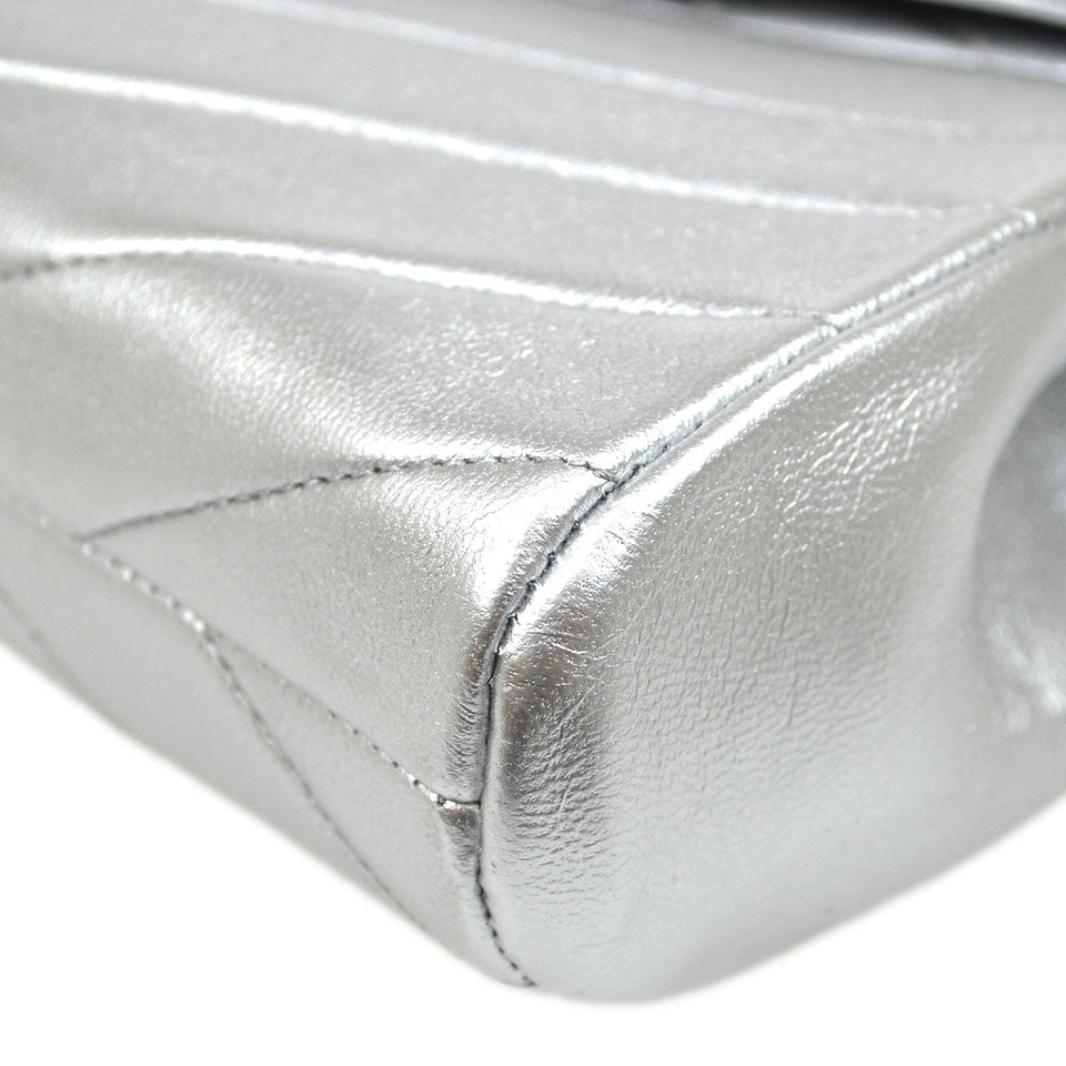 CHANEL 1991-1994 Silver Lambskin Diagonal Rhinestone CC Evening Bag