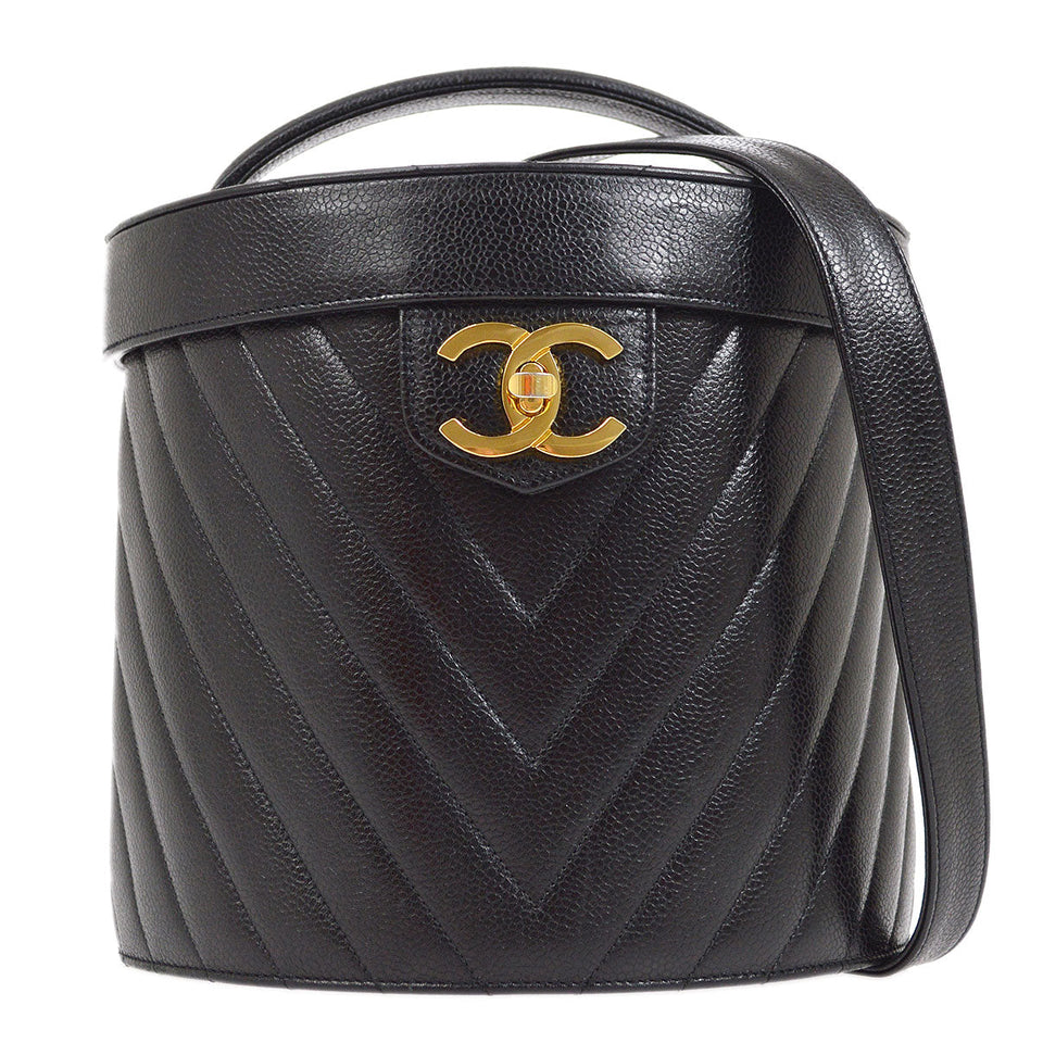 CHANEL 1996-1997 Black Caviar Chevron Vanity Handbag