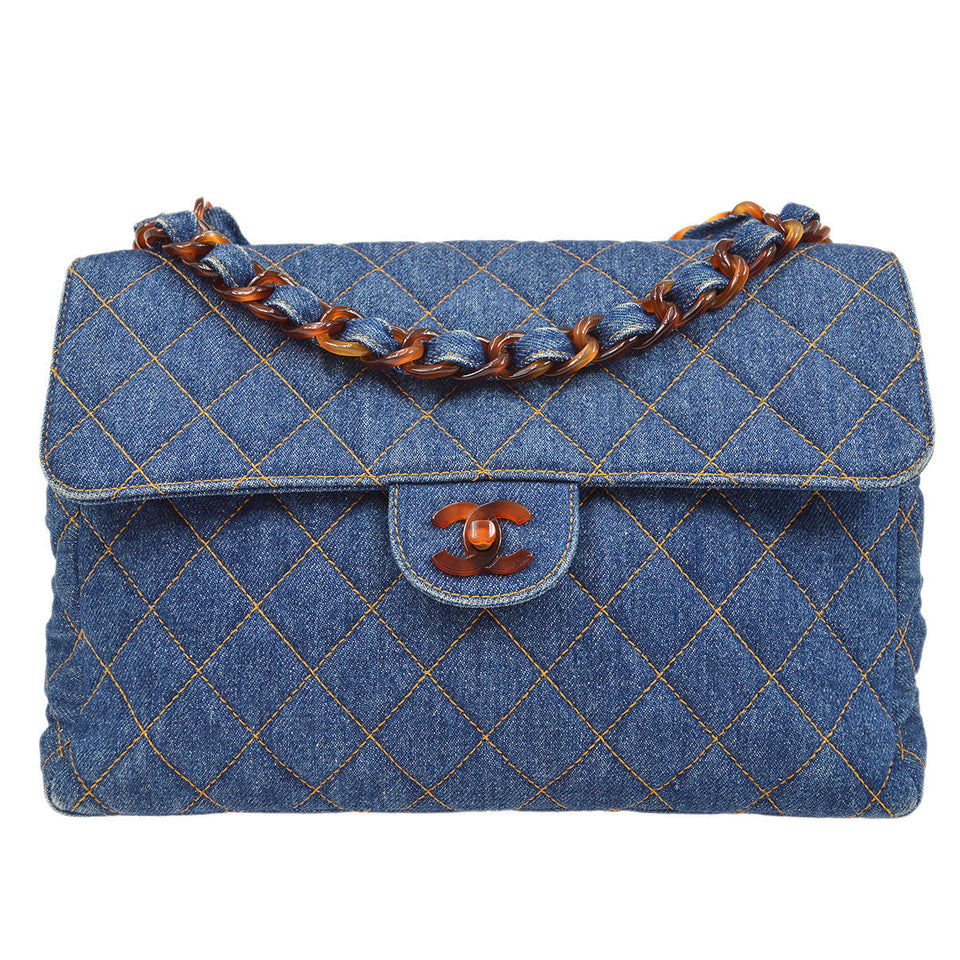 CHANEL 1996-1997 Denim Faux Tortoiseshell Chain Classic Flap Jumbo
