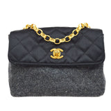 CHANEL 1989-1991 Black Satin Grey Wool Straight Flap Mini