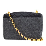 CHANEL 1989-1991 Black Satin Grey Wool Straight Flap Mini