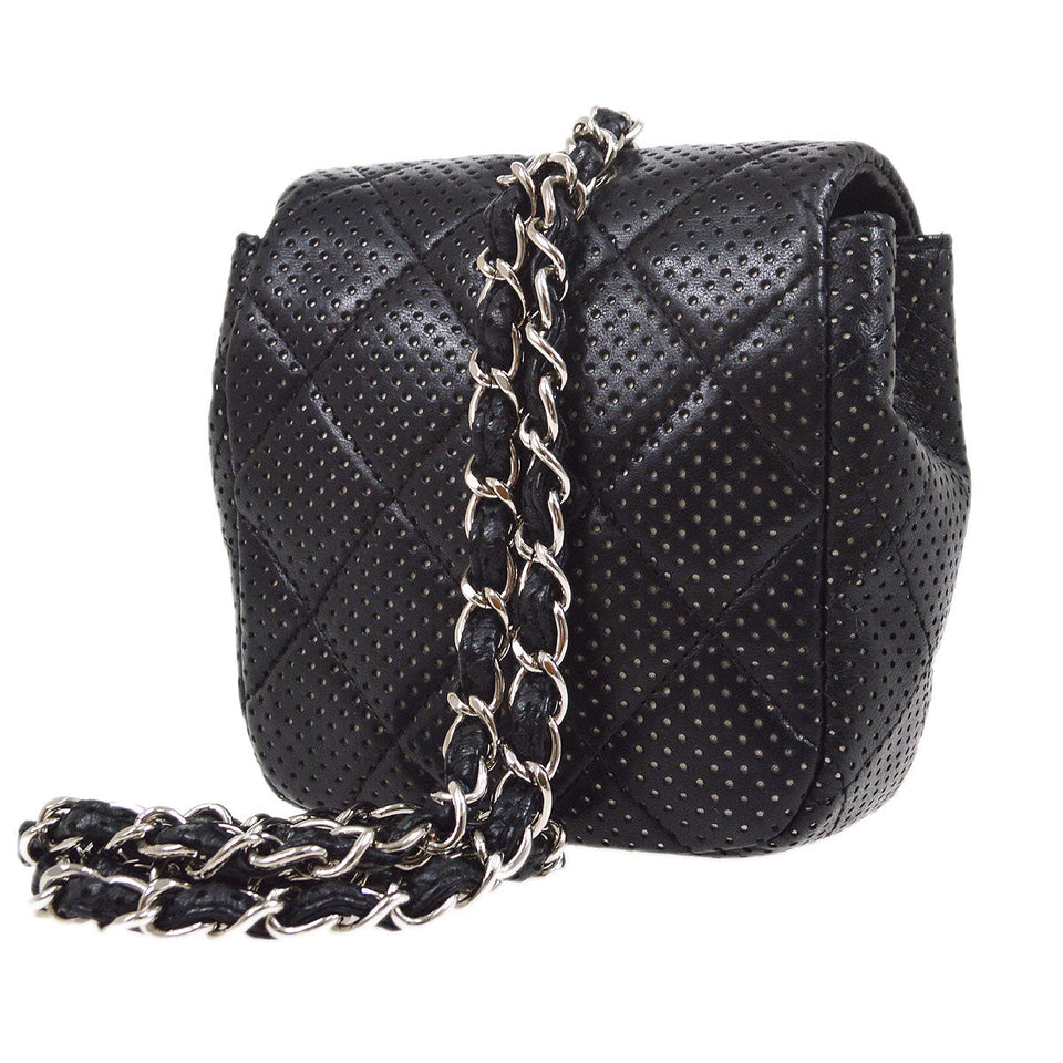 CHANEL 2007 Black Lambskin Perforated Classic Flap Micro