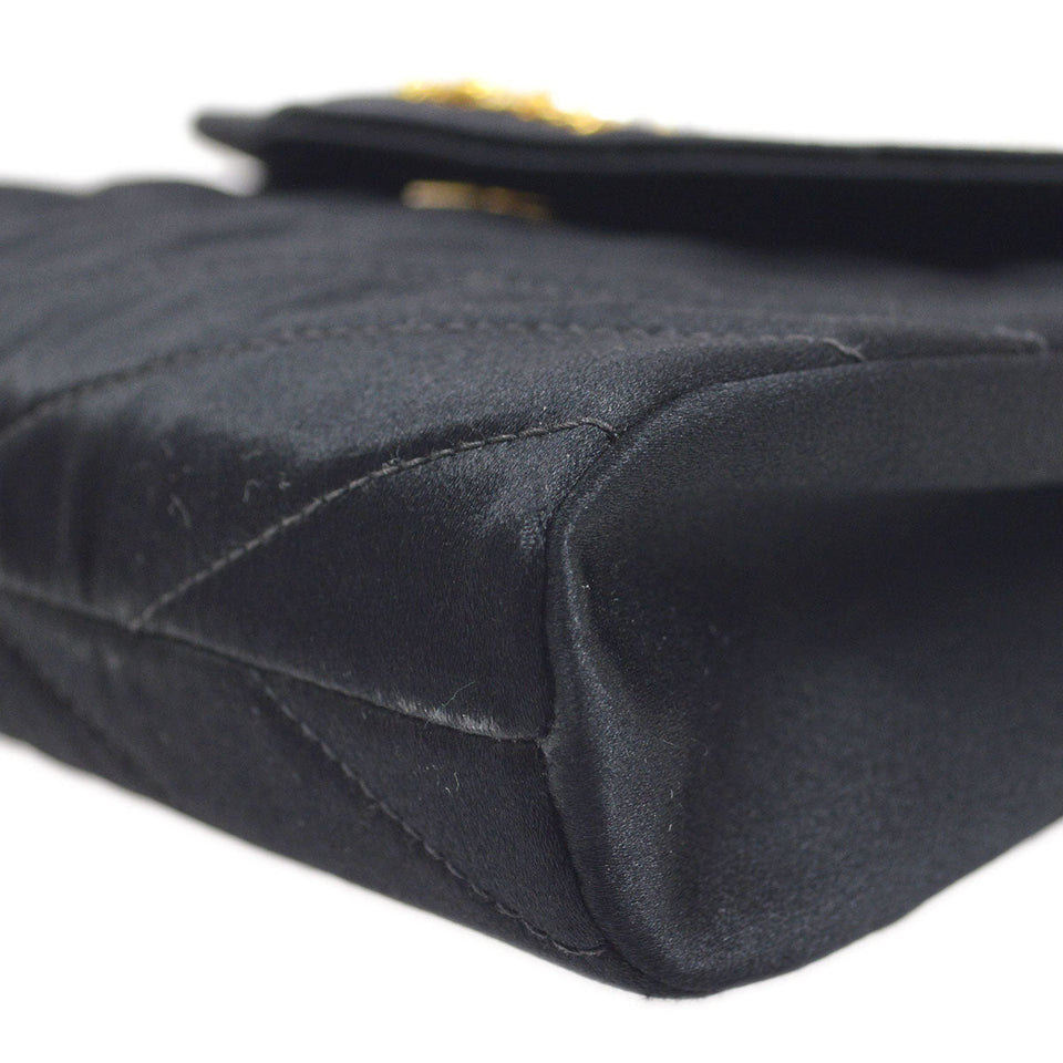 CHANEL 1990's Black Satin Diagonal Crystal & Gold CC Evening Bag