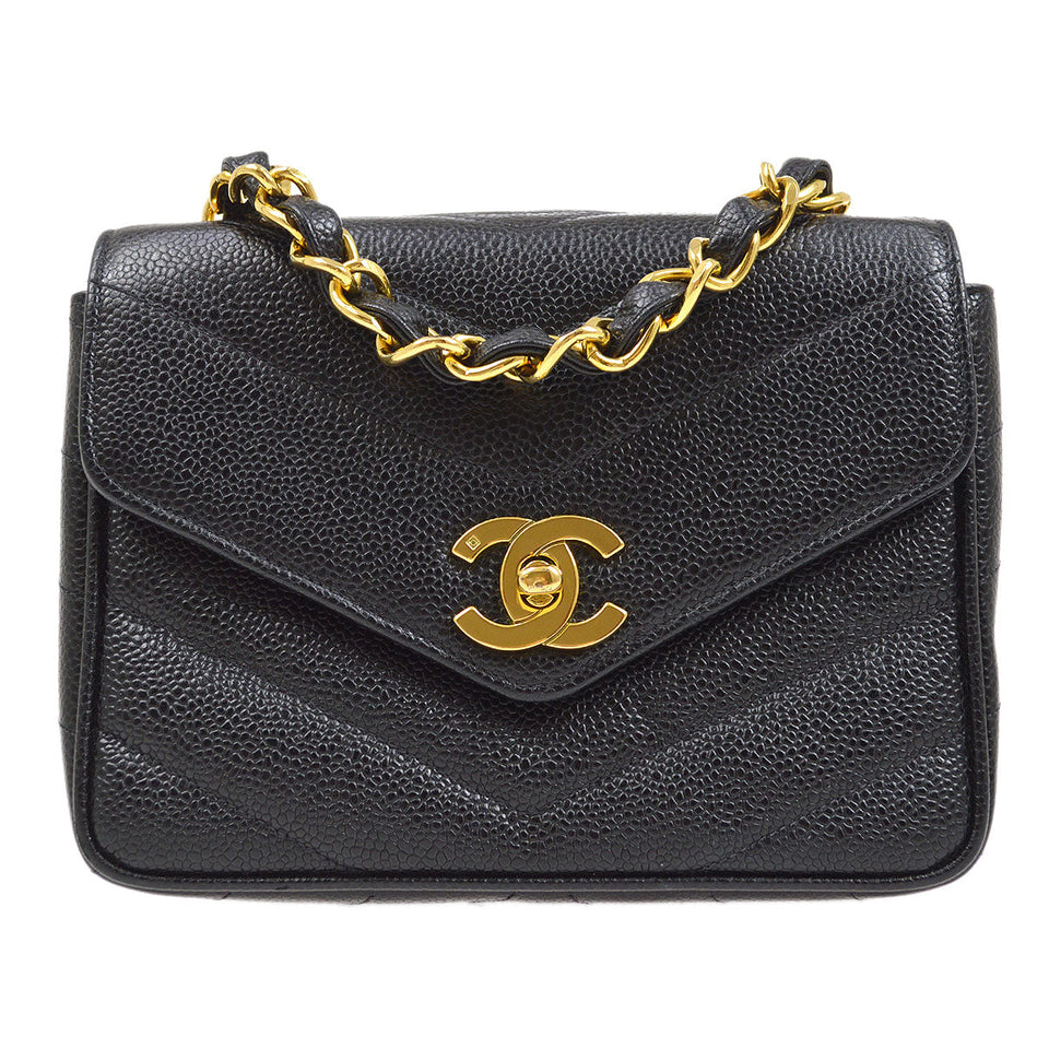 CHANEL 1994-1996 Chevron Letter Flap Mini Black Caviar
