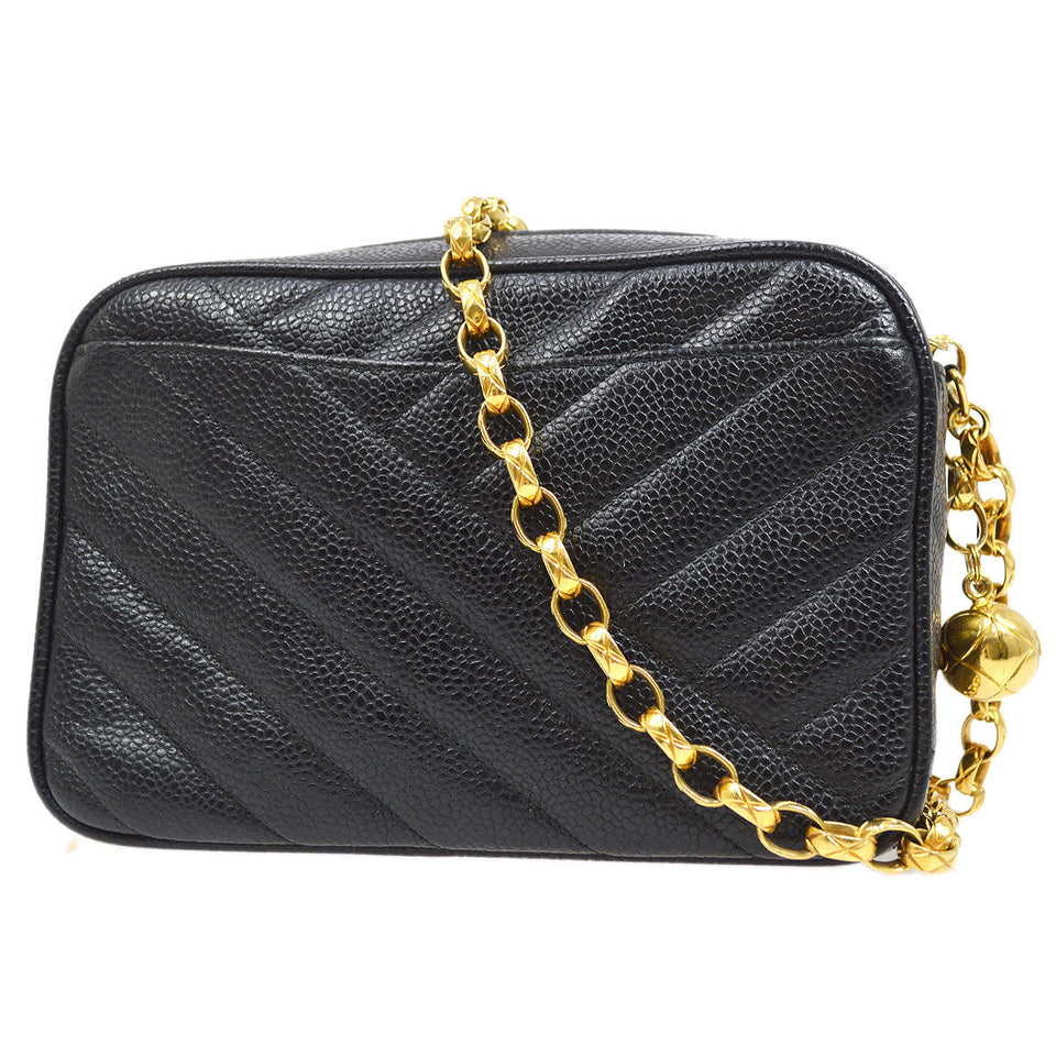 CHANEL 1991-1994 Diagonal Camera Bag Mini Black Caviar