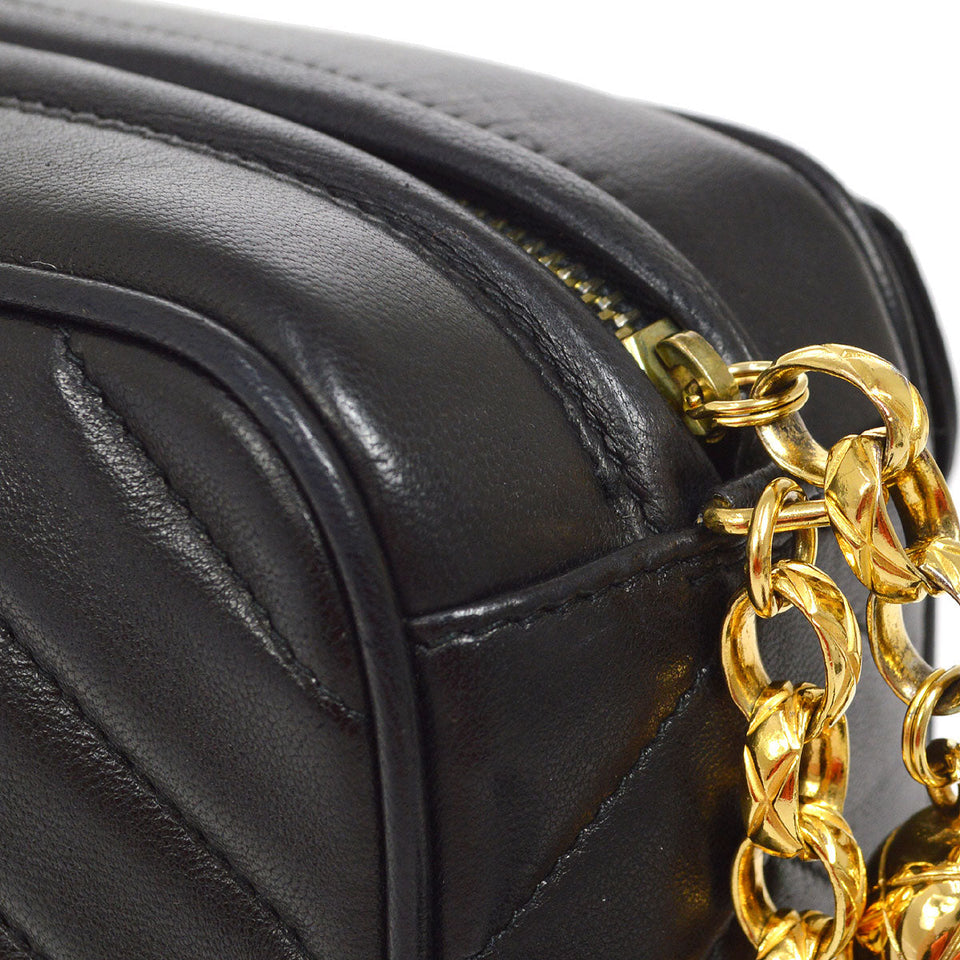 CHANEL 1991-1994 Chevron Pocket Camera Bag Mini Black Lambskin
