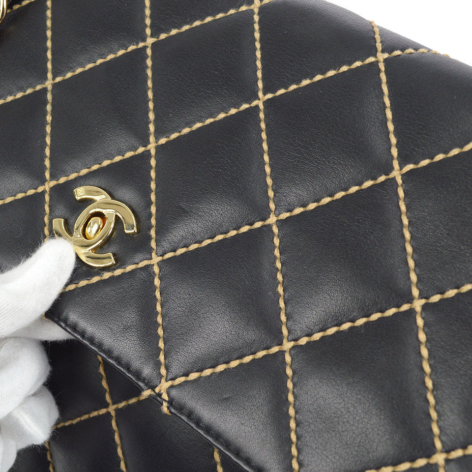 CHANEL 2001-2003 Wild Stitch Straight Flap Jumbo Black Calfskin
