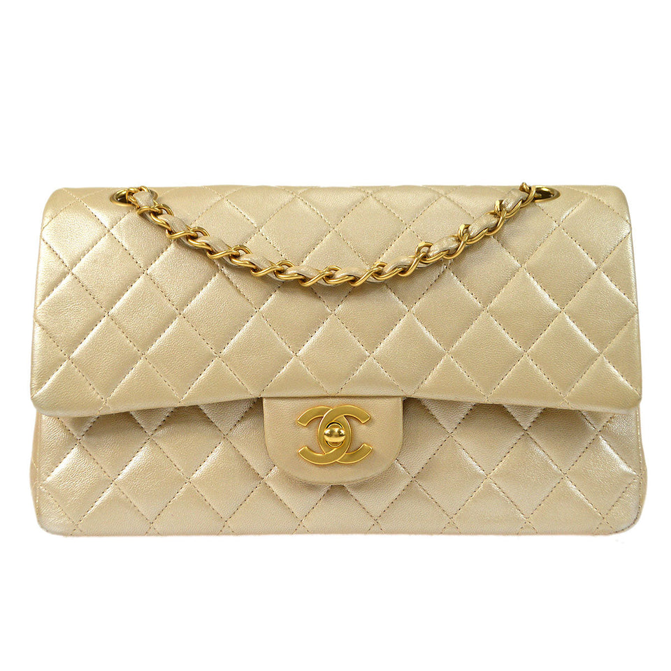 CHANEL 2000-2001 Classic Double Flap Medium Metallic Beige Lambskin