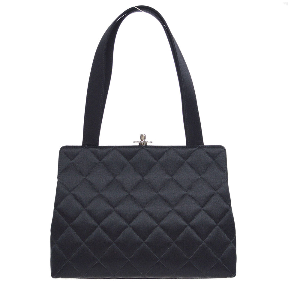 CHANEL 1996-1997 Kisslock CC Handbag Black Satin