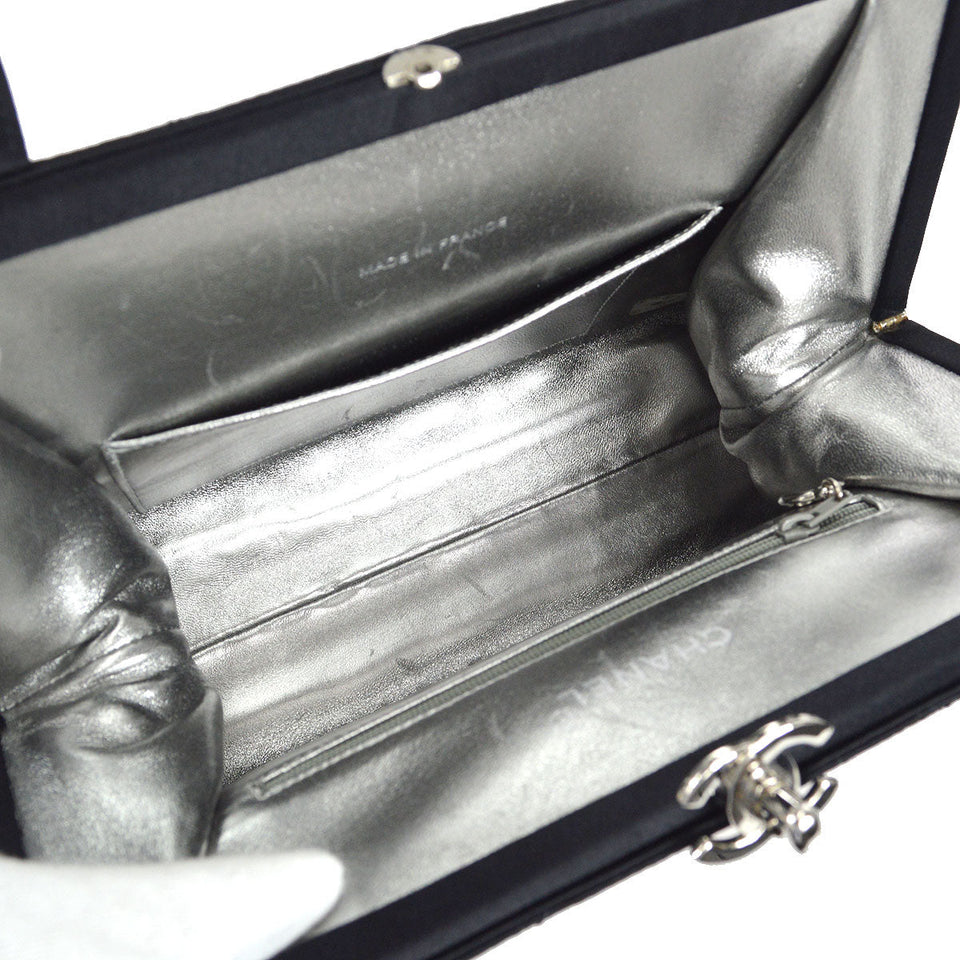 CHANEL 1996-1997 Kisslock CC Handbag Black Satin